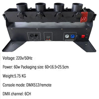 Canon à confettis 4 têtes 60 W – face de commande avec prises DMX et alimentation