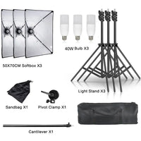Kit éclairage continu softbox 50x70 cm – kit à 3 softbox avec 3 ampoules 40 W, pieds, perche et sac de lest