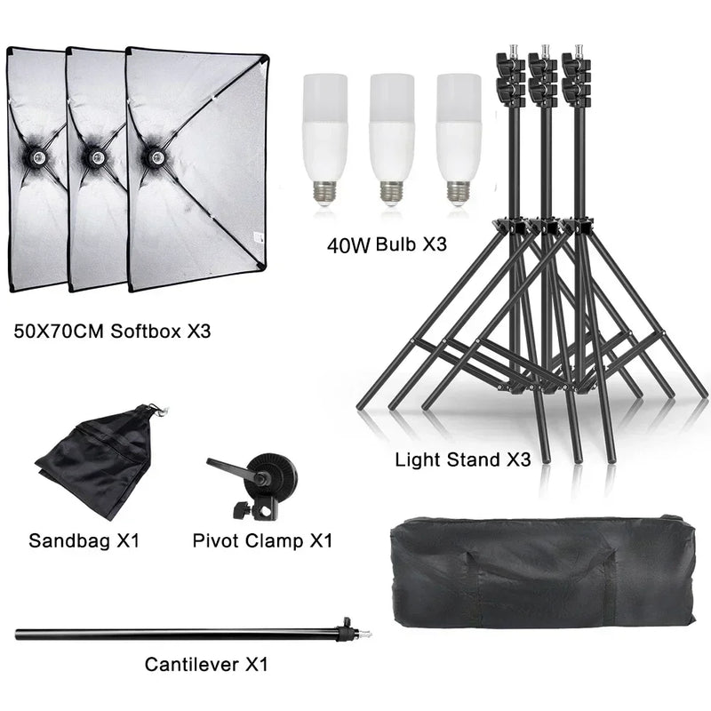 Kit éclairage continu softbox 50x70 cm – kit à 3 softbox avec 3 ampoules 40 W, pieds, perche et sac de lest