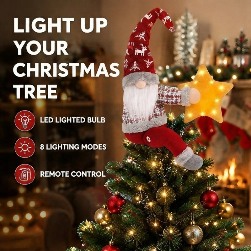 Cimier de sapin lumineux gnome – gnome au sommet d'un sapin de Noël allumé