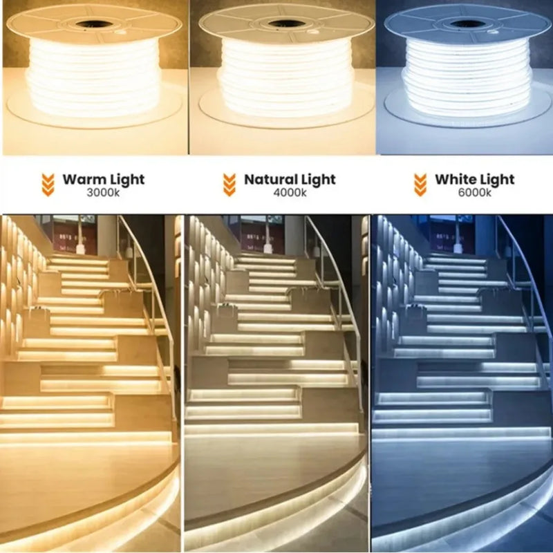 Ruban LED extérieur COB 220 V IP65 à lentille – trois blancs et escalier éclairé
