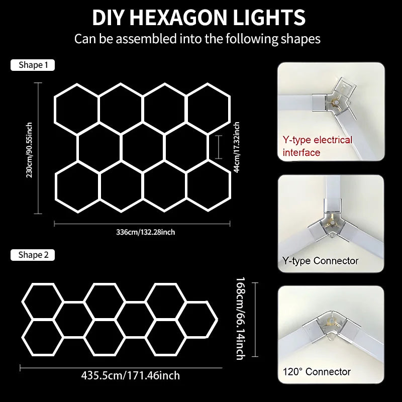 Éclairage LED hexagonal de garage – format de 11 hexagones de 336 x 230 cm