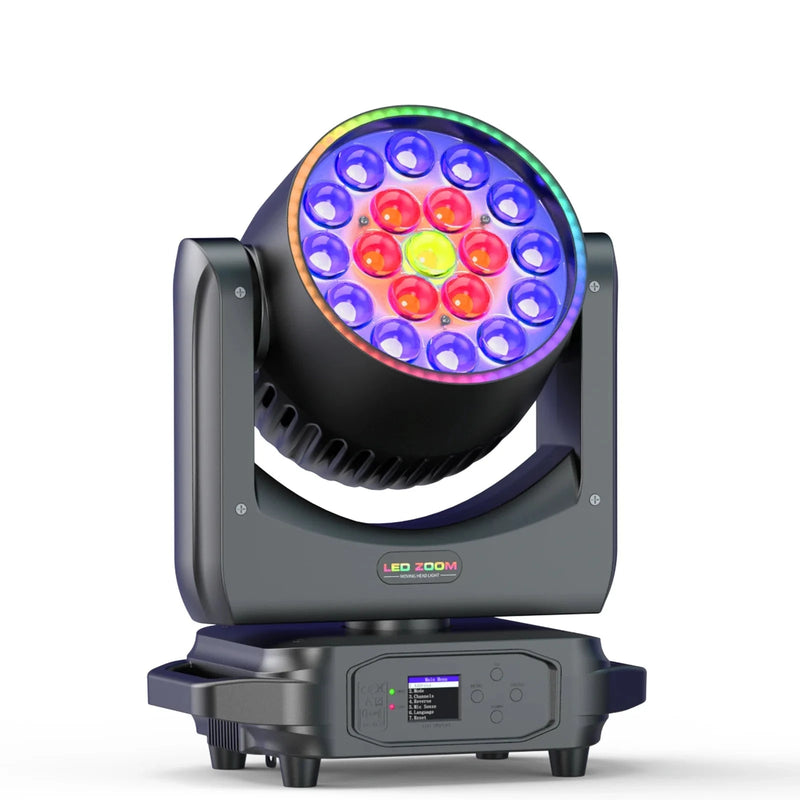 Lyre LED wash 220 W à 19 LED RGBW et bande LED, zoom 10° à 60°, DMX