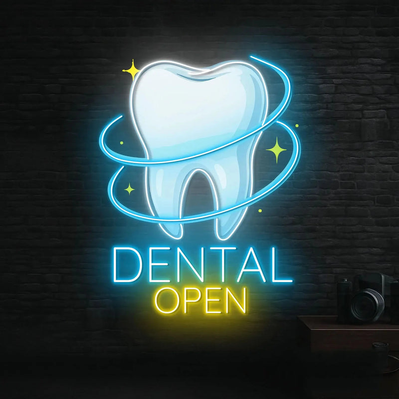 Enseigne néon dentiste DENTAL OPEN – sur un mur noir près d'un appareil photo