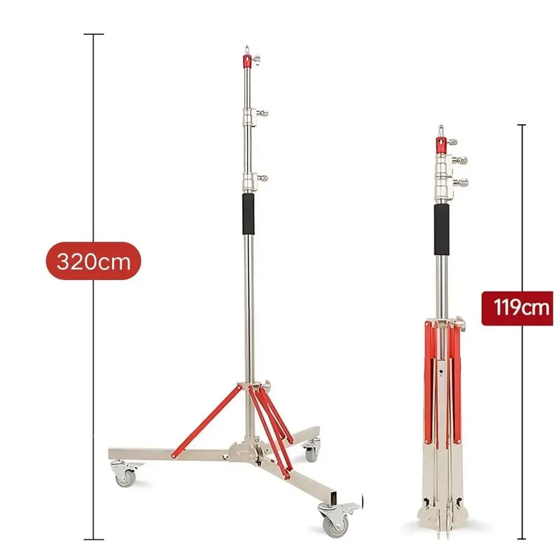 Pied de lumière inox – pied de 3,2 m sur roulettes, hauteur repliée de 119 cm