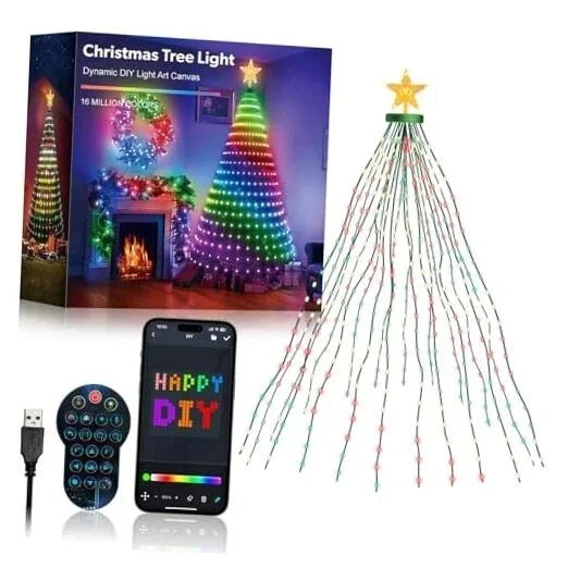 Guirlande lumineuse sapin effet cascade – coffret, guirlande, télécommande et application