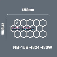 Plafonnier LED hexagonal – schéma du format 15 hexagones sans bordure, 478 x 241 cm