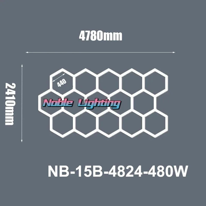 Plafonnier LED hexagonal – schéma du format 15 hexagones sans bordure, 478 x 241 cm