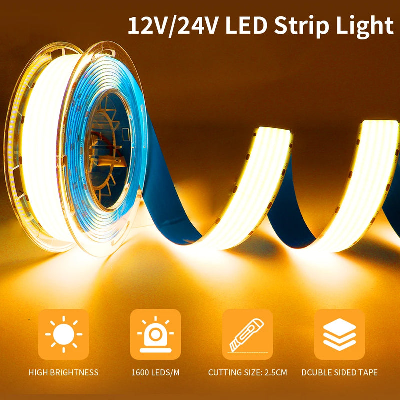 Ruban LED COB 1600 LED/m à 5 rangées – ruban 12/24 V en blanc chaud avec découpe tous les 2,5 cm