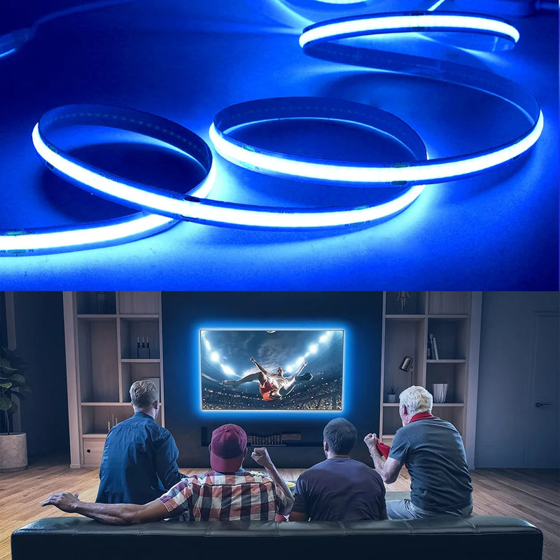 Ruban LED USB COB 8 mm – ruban bleu allumé et halo derrière une télévision
