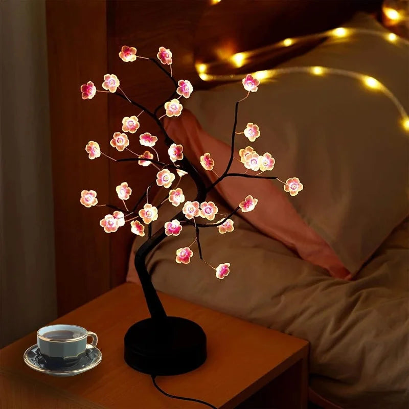 Arbre lumineux bonsaï à fleurs roses, lampe de table à 3 piles AA ou USB