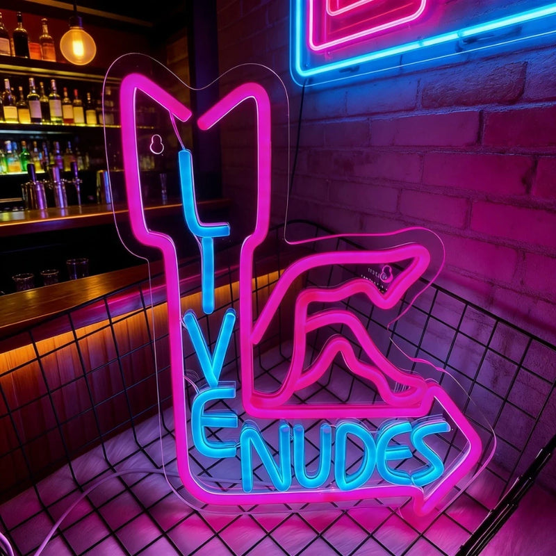 Néon LED déco bar et salle de jeux – modèle « Live Nudes » en flèche avec silhouette, 35 x 28 cm