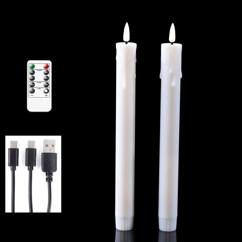 Bougies LED coniques rechargeables – deux bougies blanches avec télécommande et câble de charge