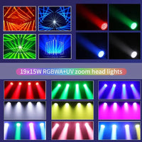 Lyre LED wash zoom 19 x 15 W – exemples de faisceaux colorés au sol et au plafond