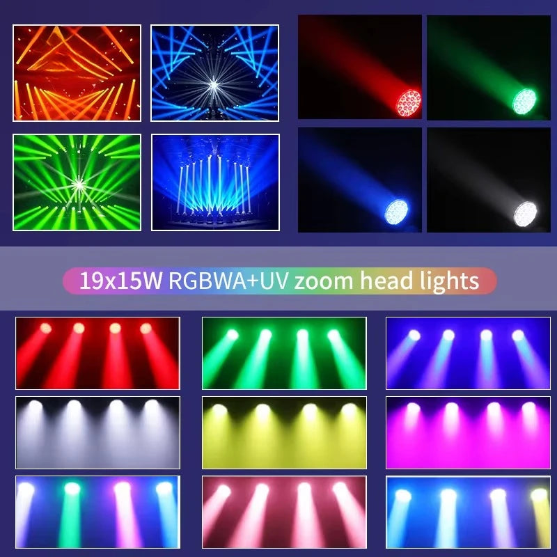 Lyre LED wash zoom 19 x 15 W – exemples de faisceaux colorés au sol et au plafond