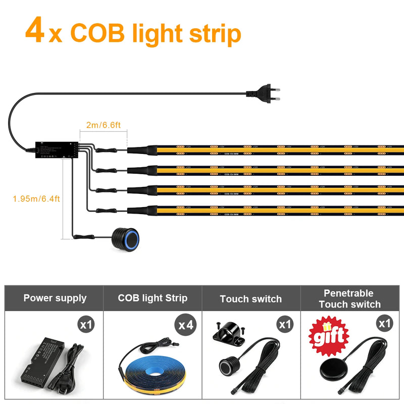 Ruban LED tasseau bois noir – kit avec quatre rubans, alimentation et interrupteur tactile