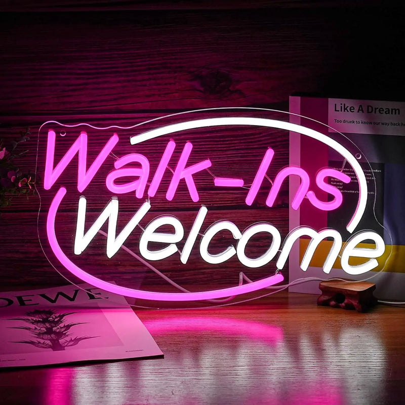 Enseigne néon Open Walk-Ins Welcome – modèle Walk-Ins Welcome ovale rose et blanc