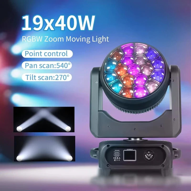 Lyre LED œil d'abeille 19 x 40 W RGBW, zoom 3° à 60°, à l'unité ou par lot