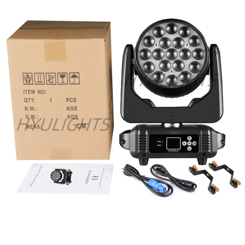 Lyre LED wash 19 x 15 W RGBW, zoom 8° à 60°, DMX 16 ou 24 canaux