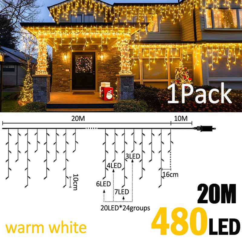 Guirlande stalactite LED – version blanc chaud de 20 m, 480 LED