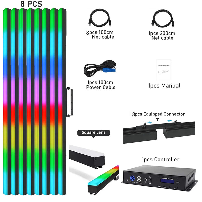 Tubes LED pixel DMX ArtNet – lot de 8 tubes à lentille carrée avec leurs accessoires