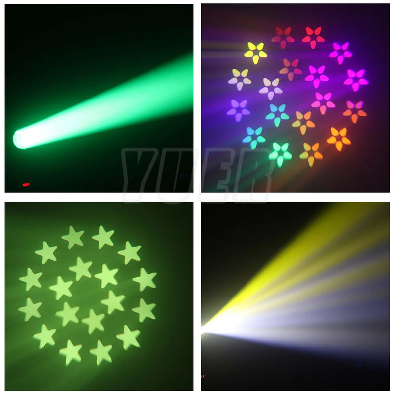Lyre LED beam 180 W ou 200 W – faisceau vert, gobos en fleurs et en étoiles, faisceau jaune