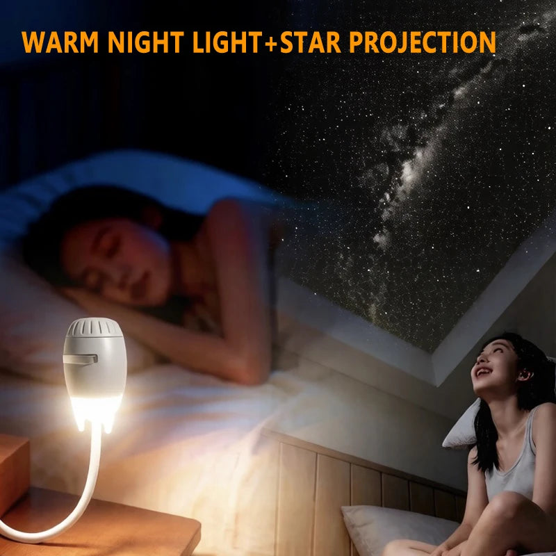 Mini projecteur d'étoiles USB à tête ogive – femme couchée près de la veilleuse chaude de la lampe