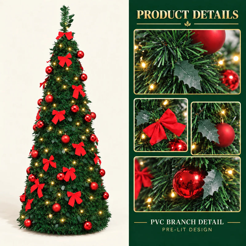 Sapin de Noël pliant pré-décoré en rouge, 150, 180 ou 210 cm, avec ou sans guirlande LED USB