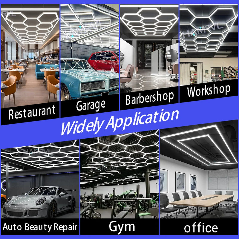 Plafonnier hexagonal LED – applications : restaurant, atelier, salon de coiffure, garage, salle de sport et bureau