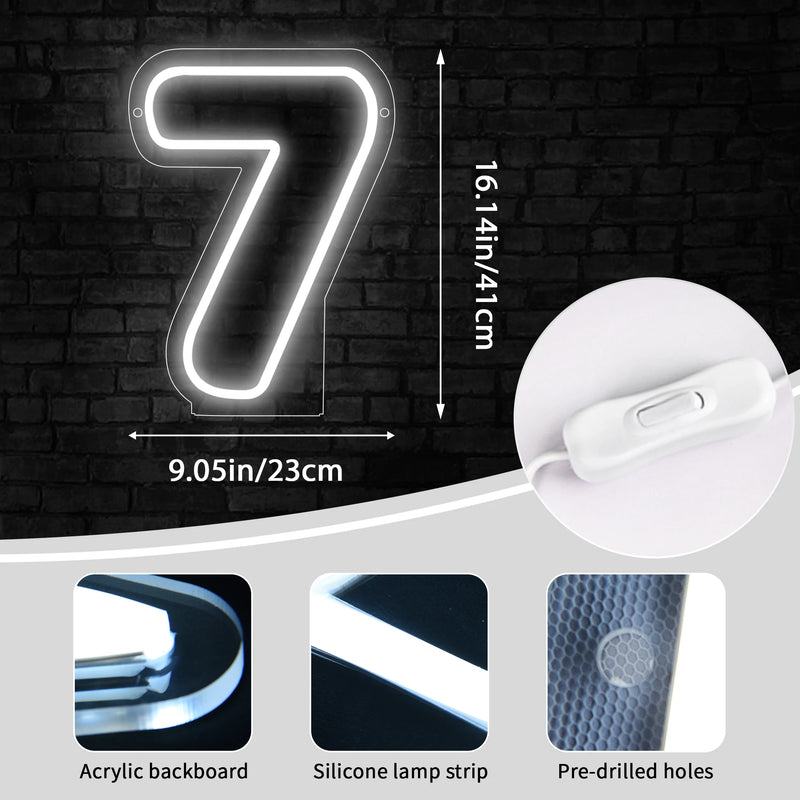 Chiffre néon LED blanc – dimensions du chiffre 7, 41 x 23 cm