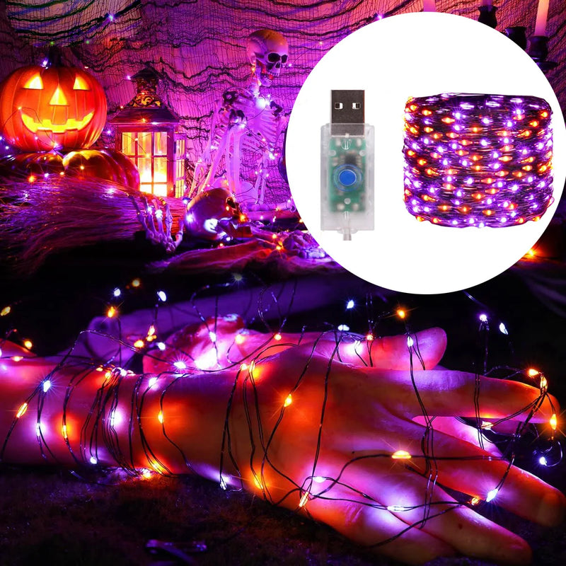 Guirlande Halloween violette et orange, USB ou piles, 5 à 20 m