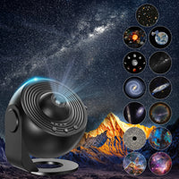 Projecteur planétarium globe – globe noir sur son support avec la planche des 13 films, montagnes en arrière-plan