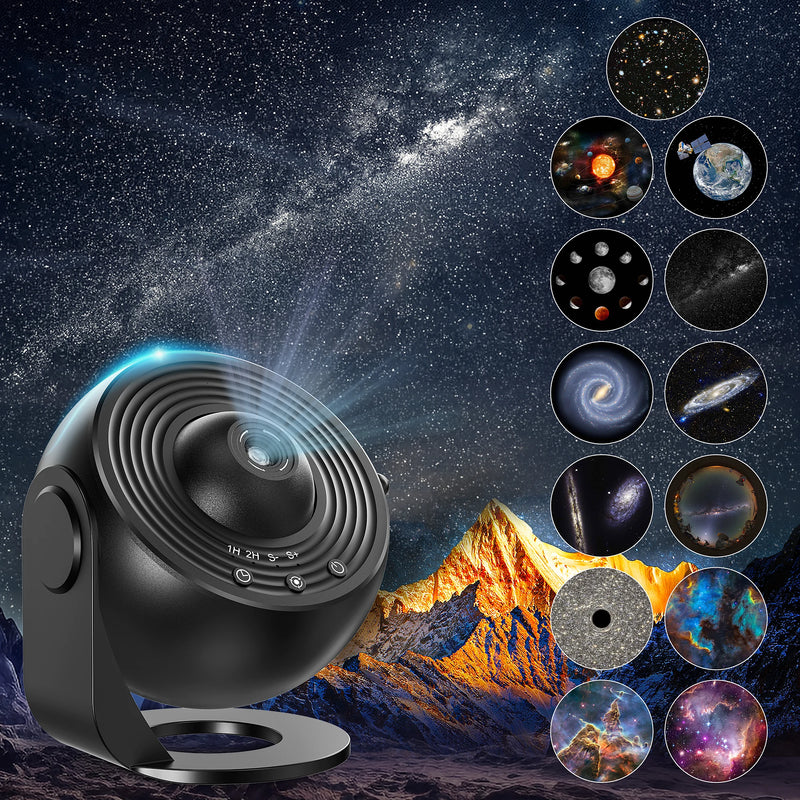 Projecteur planétarium globe – globe noir sur son support avec la planche des 13 films, montagnes en arrière-plan