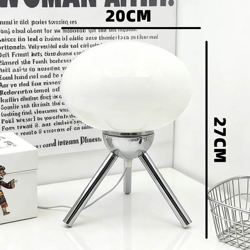 Lampe champignon en verre – schéma des dimensions : 27 cm de haut, globe de 20 cm