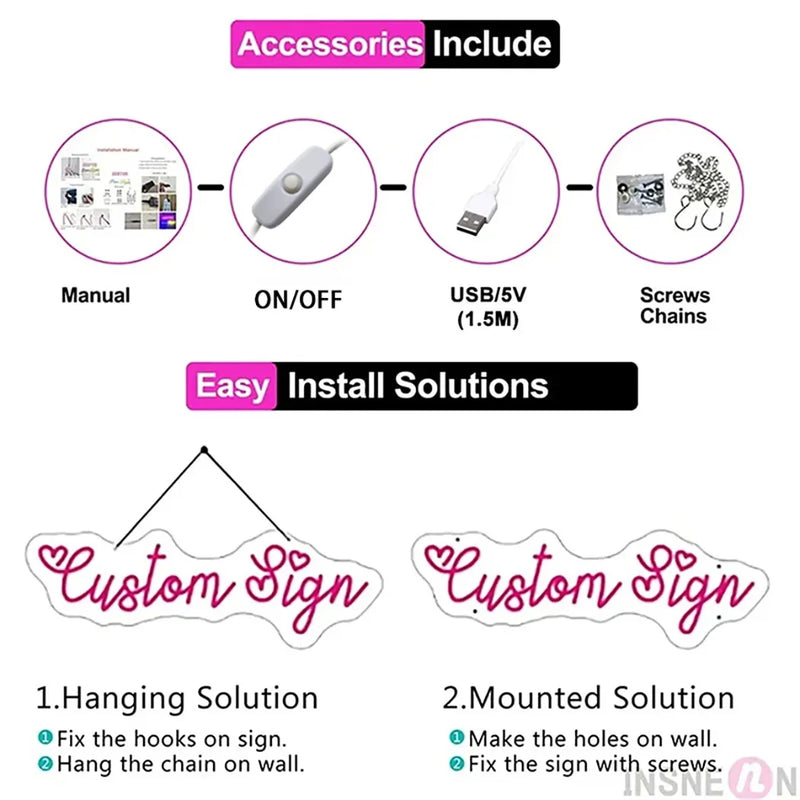 Néon mariage – accessoires fournis et deux modes de fixation, suspendu ou vissé