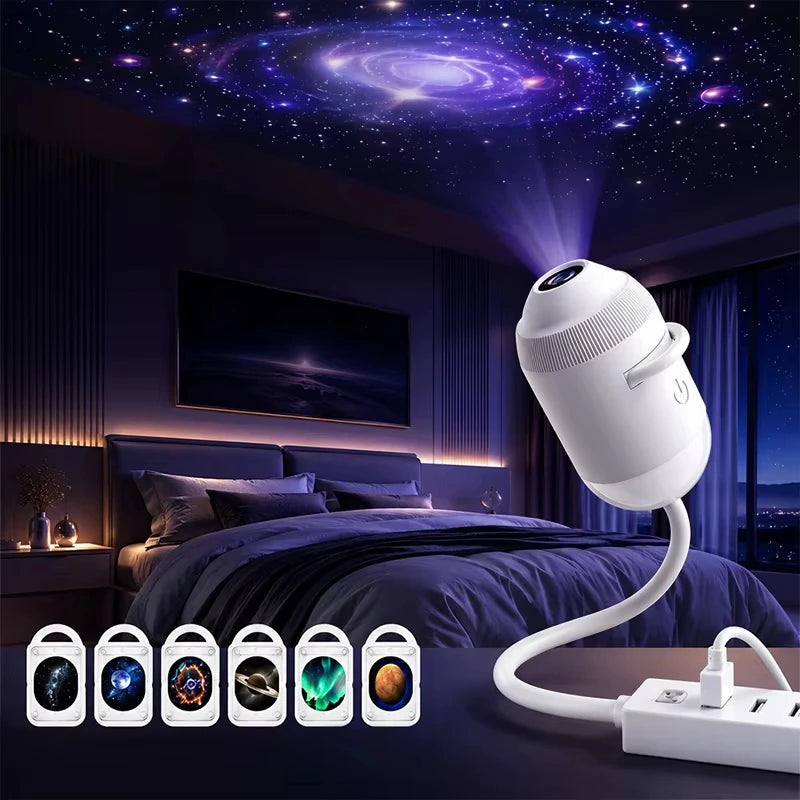Projecteur galaxie USB tactile – lampe branchée sur une multiprise avec 6 films