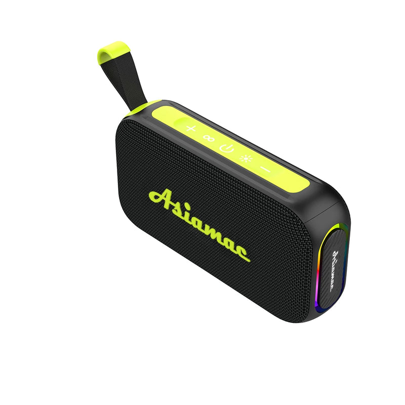 Enceinte Bluetooth lumineuse portable – version noir et jaune fluo avec embout lumineux RGB, vue de face