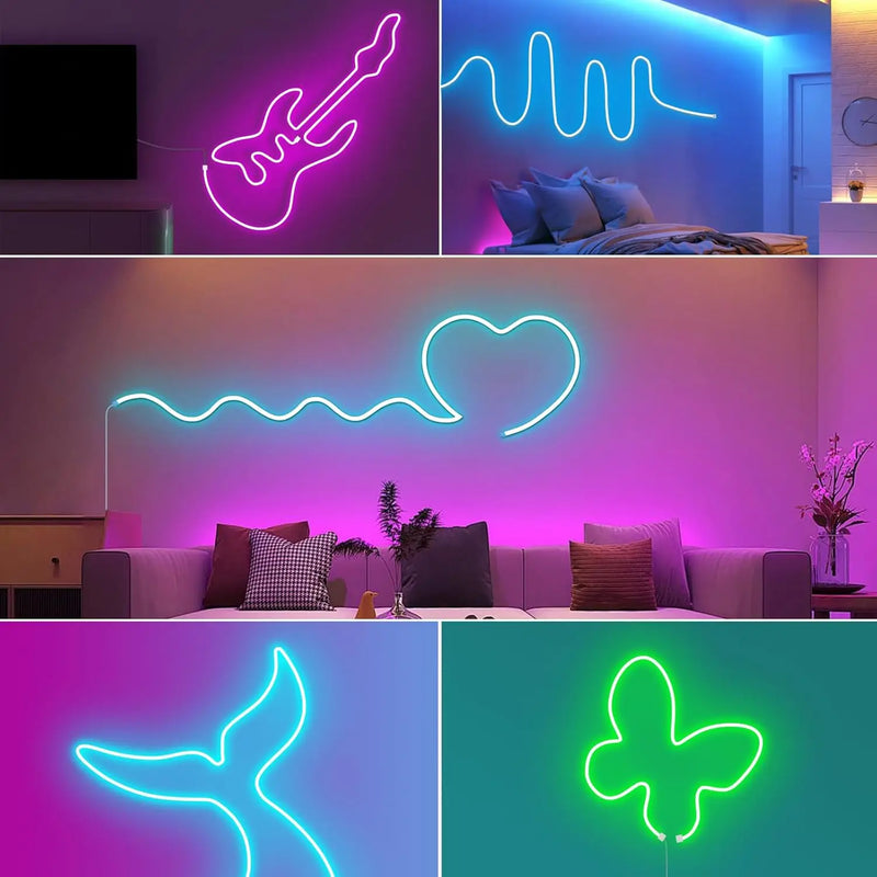 Ruban LED néon RGB – exemples de formes : guitare, vague, cœur, queue de sirène et papillon