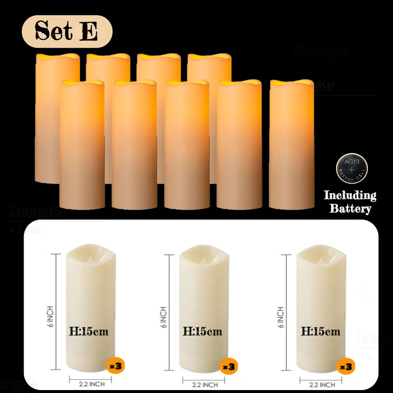 Bougies colonnes LED flamme vacillante, piles incluses, lot de 9 à 120