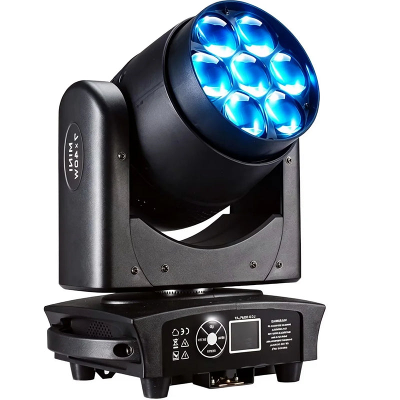 Lot de 2 lyres LED zoom 7 x 40 W – lyre vue de face, 7 LED en lumière bleue