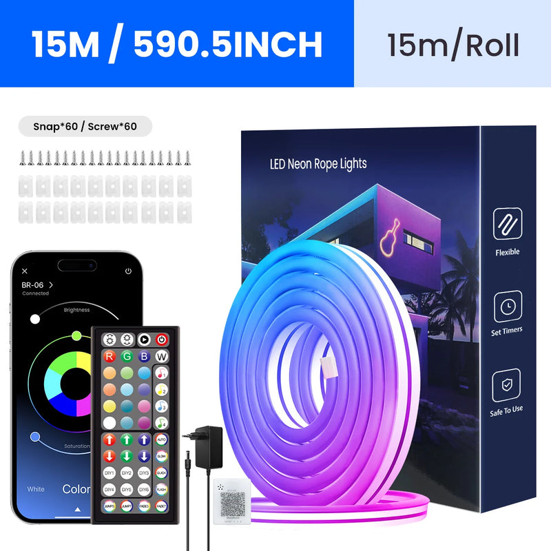 Ruban LED néon RGB – kit de 15 m avec télécommande, application, clips et vis