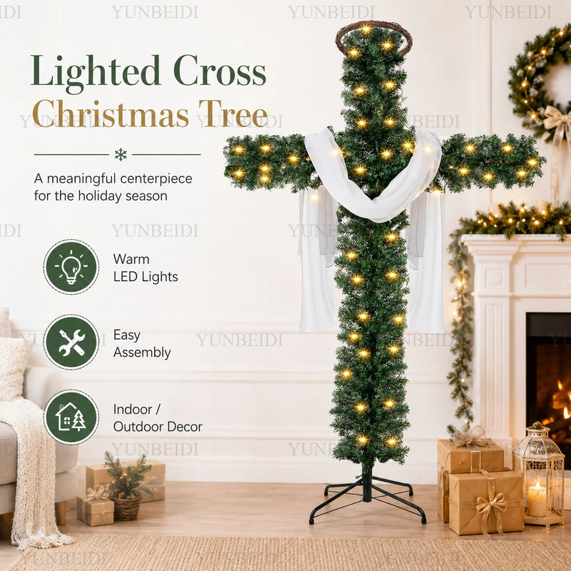 Sapin lumineux en croix pré-éclairé LED blanc chaud, 150 ou 180 cm