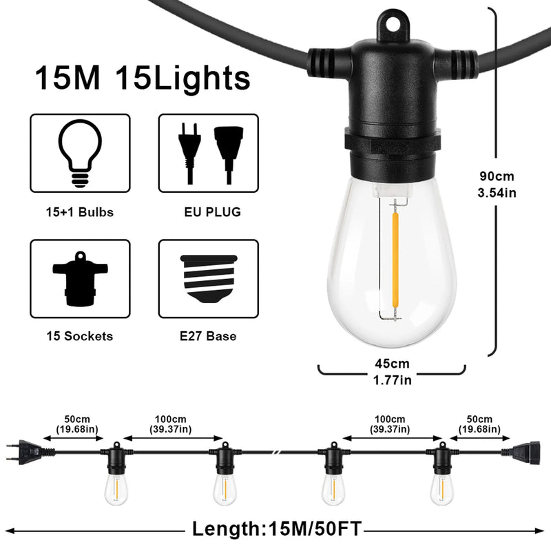 Guirlande guinguette extérieur S14, ampoules LED compatibles variateur, 10 ou 15 m