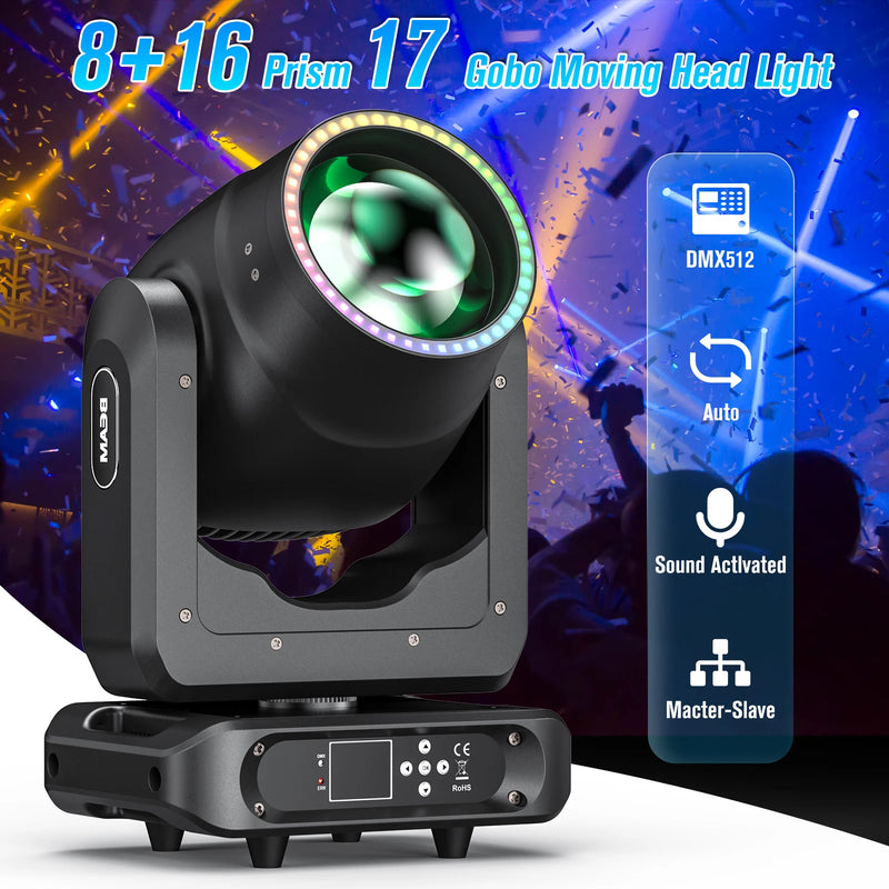Lyre beam LED 200 W à anneau RGB, 17 gobos, prismes 8 + 16, DMX 20 canaux