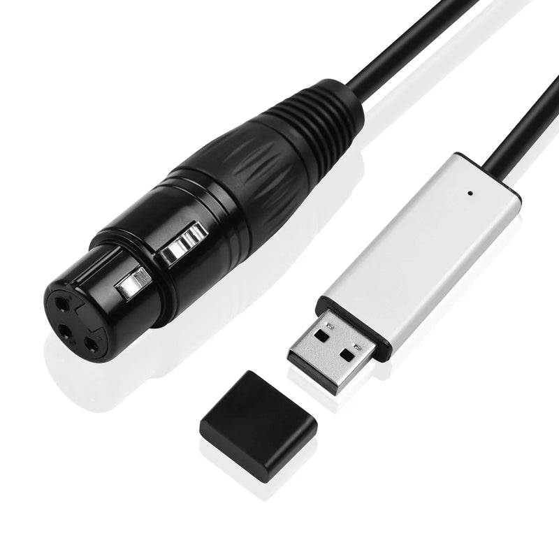 Câble interface USB vers DMX512 – gros plan sur la prise XLR femelle à 3 broches et la prise USB avec son capuchon