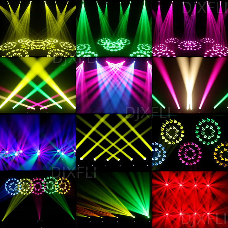 Lot de 2 lyres LED beam spot zoom 180 W – exemples de faisceaux colorés et de gobos