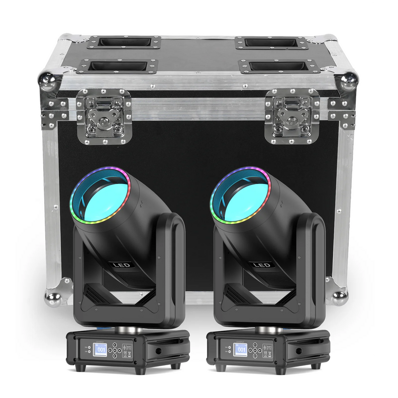 Lyres LED beam 200 W – deux lyres devant le flight case