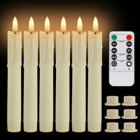 Bougies LED coniques – 6 bougies ivoire allumées, télécommande et bases