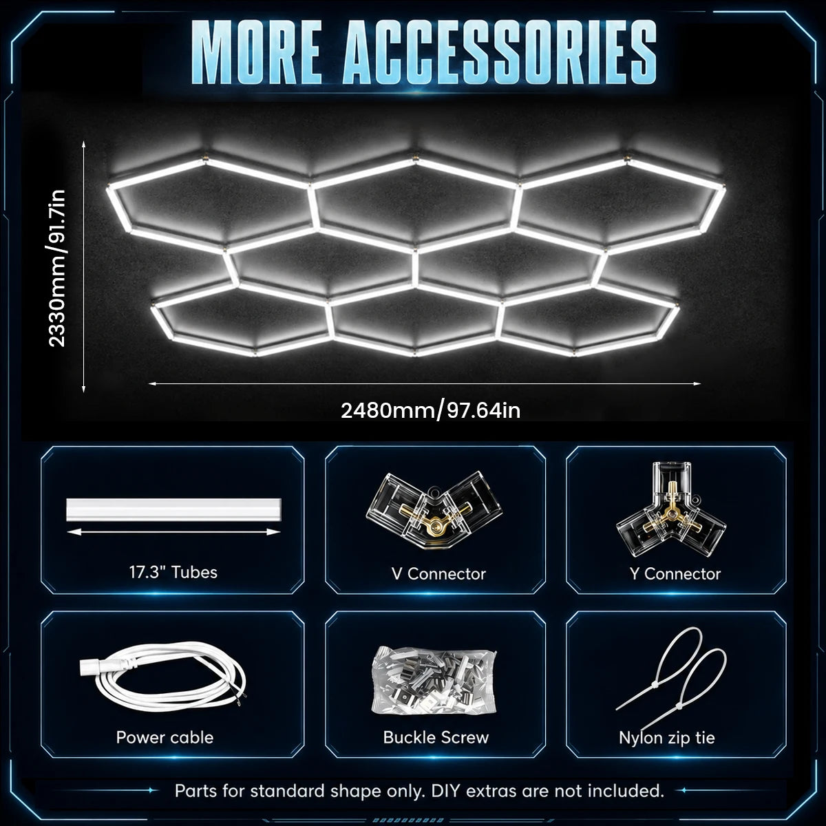 Kit éclairage LED hexagonal garage 3, 5, 8 ou 14 hexagones 6500 K