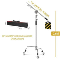 C-stand 2,6 m – C-stand avec bras, sac de lest, sac de transport et trois roulettes